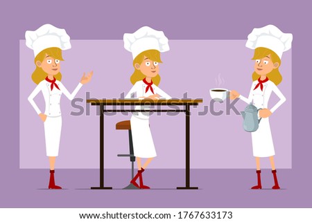 Cartoon flat funny chef cook woman character in white uniform and baker hat. Ready for animation. Girl posing and carrying coffee kettle pot and cup on dish. Isolated on violet background. Vector set.