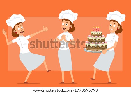 Cartoon flat funny chef cook woman character in white uniform and baker hat. Girl carrying birthday cake and showing thumbs up. Ready for animation. Isolated on orange background. Vector set.