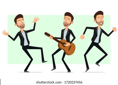 Cartoon flat funny cute bearded rock and roll man character in leather jacket. Ready for animation. Smiling boy playing on guitar and dancing. Isolated on white background. Vector icon set.