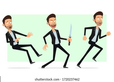 Caricatura chistoso lindo barbudo rock and roll hombre personaje en la chaqueta de cuero. Listo para la animación. Chico ladrón corriendo y cayendo con cuchillo. Aislado sobre fondo blanco. Conjunto de iconos del vector.