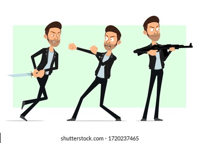 Caricatura chistoso lindo barbudo rock and roll hombre personaje en la chaqueta de cuero. Listo para la animación. Niña que dispara con rifle y lucha con cuchillo. Aislado sobre fondo blanco. Conjunto de iconos del vector.