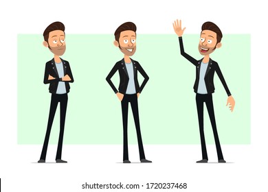 Cartoon flat funny cute bearded rock and roll man character in leather jacket. Ready for animation. Happy boy standing, thinking and saying Hello. Isolated on white background. Vector icon set.