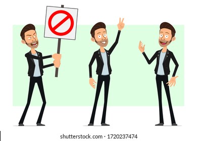 Cartoon flat funny cute bearded rock and roll man character in leather jacket. Ready for animation. Rebel boy showing no entry sign and peace gesture. Isolated on white background. Vector icon set.