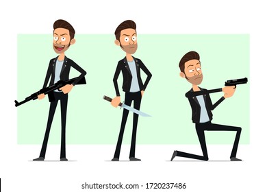 Cartoon flat funny cute bearded rock and roll man character in leather jacket. Ready for animation. Boy shooting with pistol, rifle and holding knife. Isolated on white background. Vector icon set.