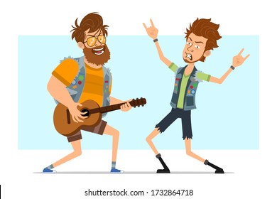 Cartoon flat funny cute bearded rock and roll man characters in jeans jacket. Ready for animation. Smiling boy playing on guitar and dancing. Isolated on blue background. Vector icon set.