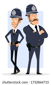 Cartoon flat funny cute british policeman man characters in helmet and uniform. Ready for animation. Smiling boys standing and posing on photo. Isolated on blue background. Vector icon set.