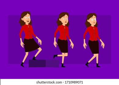 Cartoon flat funny cute business woman character in red shirt. Ready for animations. Successful tired girl walking to her goal. Isolated on violet background. Big vector icon set.