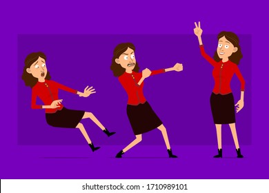 Cartoon flat funny cute business woman character in red shirt. Ready for animations. Angry girl ready to fight and showing peace sign. Isolated on violet background. Big vector icon set.
