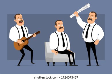 Cartoon flat funny cute fat office worker with mustache and black tie. Ready for animation. Man playing guitar and resting on sofa. Isolated on blue background. Vector icon set.