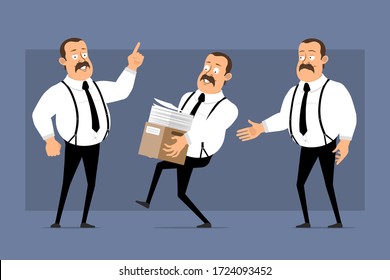Cartoon flat funny cute fat office worker with mustache and black tie. Ready for animation. Man carrying box of papers and shaking hands. Isolated on blue background. Vector icon set.