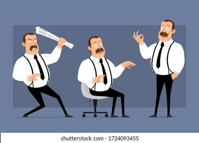 Cartoon flat funny cute fat office worker with mustache and black tie. Ready for animation. Crazy man fighting with newspaper and showing ok gesture. Isolated on blue background. Vector icon set.