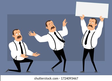 Caricatura graciosa y adorable trabajador de oficina con bigote y corbata negra. Listo para la animación. Hombre cayendo, de rodilla y con el cartel vacío. Aislado en fondo azul. Conjunto de iconos del vector.