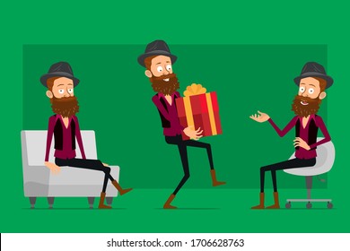 Cartoon flat funny cute hipster bearded boy character in black hat. Ready for animations. Sitting and resting on sofa. Walking with holiday gift. Isolated on green background. Big vector icon set.