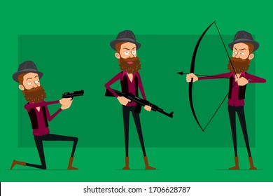 Caricatura chistosa, linda hipster barbudo personaje de chico con sombrero negro. Listo para animaciones. Hombre sonriente disparando con pistola, rifle, arco. Aislado sobre fondo verde. Conjunto de iconos de gran vector.
