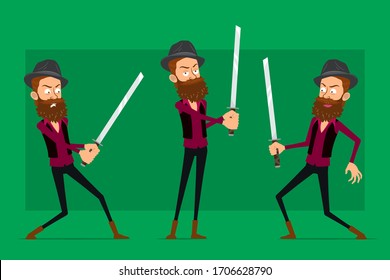 Cartoon flat funny cute hipster bearded boy character in black hat. Ready for animations. Angry man fighting with katana sword. Isolated on green background. Big vector icon set.