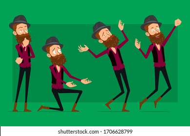 Cartoon flat funny cute hipster bearded boy character in black hat. Ready for animations. Man thinking, jumping and standing on knee. Isolated on green background. Big vector icon set.