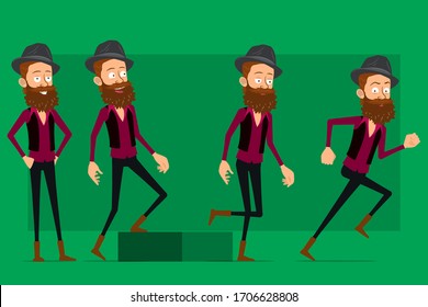 Cartoon flat funny cute hipster bearded boy character in black hat. Ready for animations. Successful hipster walking to his goal. Isolated on green background. Big vector icon set.