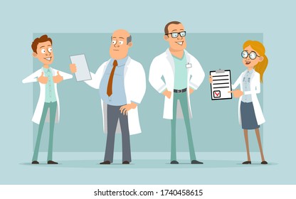 Cartoon flat funny cute medical hospital doctor characters with tablet in white uniform. Ready for animation. Smiling boys and girls team. Isolated on blue background. Vector icon set.