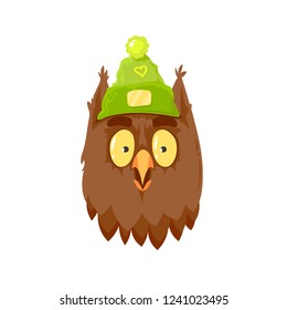 Cartoon flat funny and cute owl with winter hat, vector illustration, face of owl with big eyes