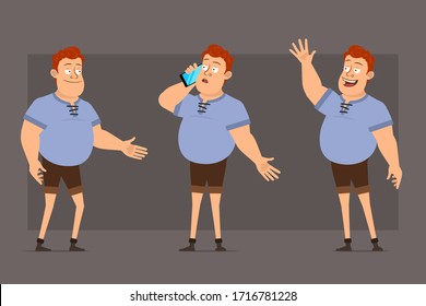 Cartoon flat funny cute redhead fat boy character in blue shirt. Ready for animations. Man talking on phone, shaking hands and showing hello gesture. Isolated on gray background. Big vector icon set.