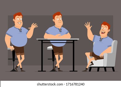 Cartoon flat funny cute redhead fat boy character in blue shirt. Ready for animations. Boy resting on sofa, standing behind table and saying hello. Isolated on gray background. Big vector icon set.