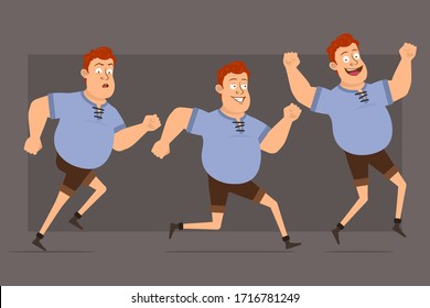 Cartoon flat funny cute redhead fat boy character in blue shirt. Ready for animations. Smiling boy walking, running and jumping. Isolated on gray background. Big vector icon set.