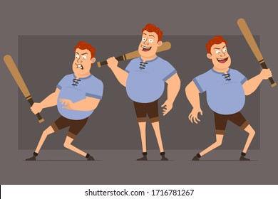 Cartoon flat funny cute redhead fat boy character in blue shirt. Ready for animations. Angry boy standing and fighting with wooden baseball bat. Isolated on gray background. Big vector icon set.