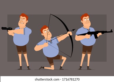 Cartoon flach lustige süße Rotkopffett Junge Charakter in blauem Hemd. Bereit für Animationen. Sly Boy Shooting mit Pistole, Gewehr, Bogen. Einzeln auf grauem Hintergrund. Eine große Vektorillustration Symbol gesetzt.