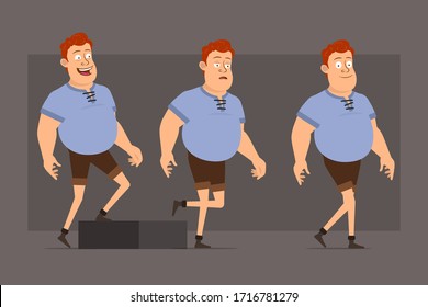 Cartoon flat funny cute redhead fat boy character in blue shirt. Ready for animations. Successful boy walking up to his goal. Isolated on gray background. Big vector icon set.