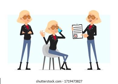 Cartoon flat funny cute rock and roll girl character in leather jacket. Ready for animation. Blonde girl talking on phone and showing to do list tablet. Isolated on white background. Vector icon set.