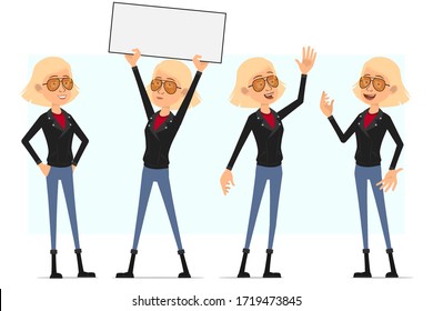 Cartoon flat funny cute rock and roll girl character in leather jacket. Ready for animation. Blonde girl standing and holding empty sign for text. Isolated on white background. Vector icon set.