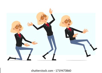 Cartoon flat funny cute rock and roll girl character in leather jacket. Ready for animation. Blonde girl falling back and standing on one knee. Isolated on white background. Vector icon set.