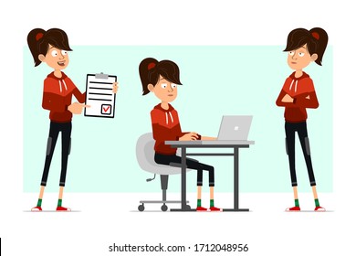 Cartoon flat funny cute sport girl character in red hoodie. Ready for animations. Fitness girl working on laptop and showing to do list tablet. Isolated on white background. Big vector icon set.