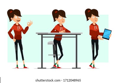 Cartoon flat funny cute sport girl character in red hoodie. Ready for animations. Fitness girl with smart tablet standing behind the table. Isolated on white background. Big vector icon set.