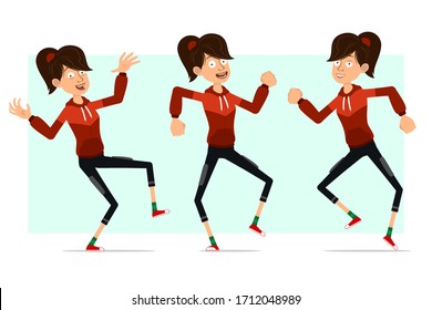 Cartoon flat funny cute sport girl character in red hoodie. Ready for animations. Fitness rock and roll girl jumping and dancing. Isolated on white background. Big vector icon set.
