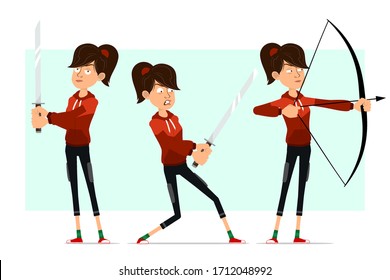 Cartoon flat funny cute sport girl character in red hoodie. Ready for animations. Fitness girl shooting with bow and fighting with katana sword. Isolated on white background. Big vector icon set.