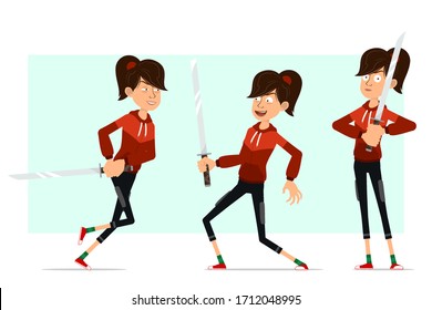 Cartoon flat funny cute sport girl character in red hoodie. Ready for animations. Fitness girl fighting with asian katana sword. Isolated on white background. Big vector icon set.