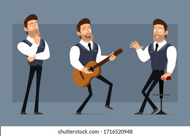 Cartoon flat funny cute strong muscular businessman character with black tie. Ready for animations. Boy playing guitar and sitting on chair. Isolated on gray background. Big vector icon set.