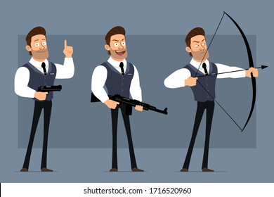 Cartoon flat funny cute strong muscular businessman character with black tie. Ready for animations. Smiling boy shooting with pistol, rifle, bow. Isolated on gray background. Big vector icon set.