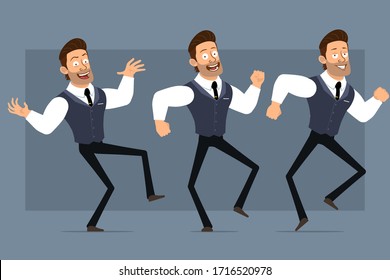 Caricatura chistoso lindo fuerte de hombre de negocios muscular con corbata negra. Listo para animaciones. Un chico loco sonriente saltando y bailando. Aislado sobre fondo gris. Conjunto de iconos de gran vector.