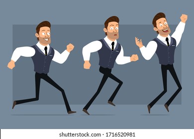 Cartoon flat funny cute strong muscular businessman character with black tie. Ready for animations. Smiling boy walking, running and jumping. Isolated on gray background. Big vector icon set.