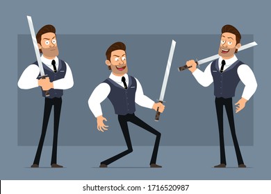 Cartoon flat funny cute strong muscular businessman character with black tie. Ready for animations. Smiling boy fighting with katana sword. Isolated on gray background. Big vector icon set.