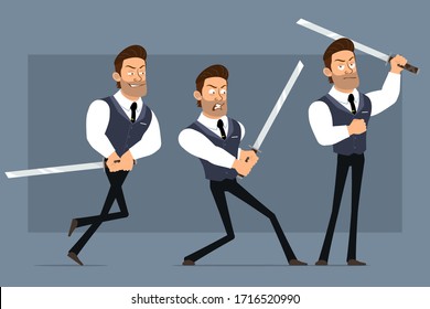 Cartoon flat funny cute strong muscular businessman character with black tie. Ready for animations. Angry boy fighting with katana sword. Isolated on gray background. Big vector icon set.