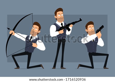 Cartoon flat funny cute strong muscular businessman character with black tie. Ready for animations. Angry boy shooting with pistol, rifle, bow. Isolated on gray background. Big vector icon set.