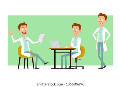 Cartoon flat funny doctor man character in white uniform with badge. Boy working on laptop and showing okay sign. Ready for animation. Isolated on green background. Vector set.
