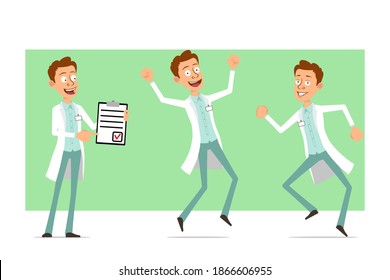 Cartoon flat funny doctor man character in white uniform with badge. Boy jumping, dancing and showing to do list. Ready for animation. Isolated on green background. Vector set.