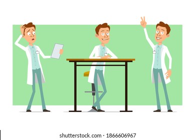 Cartoon flat funny doctor man character in white uniform with badge. Boy reading note and showing peace sign. Ready for animation. Isolated on green background. Vector set.