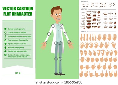 Cartoon flat funny doctor man character in white uniform with badge. Ready for animations. Face expressions, eyes, brows, mouth and hands easy to edit. Isolated on green background. Vector set.