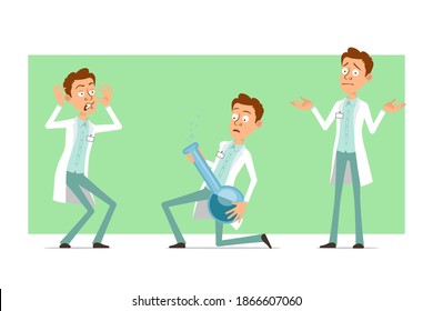 Cartoon flat funny doctor man character in white uniform with badge. Boy scared and holding chemical flask with liquid. Ready for animation. Isolated on green background. Vector set.