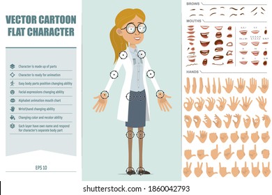 Cartoon flat funny doctor woman character in white uniform and glasses. Ready for animations. Face expressions, eyes, brows, mouth and hands easy to edit. Isolated on blue background. Vector set.